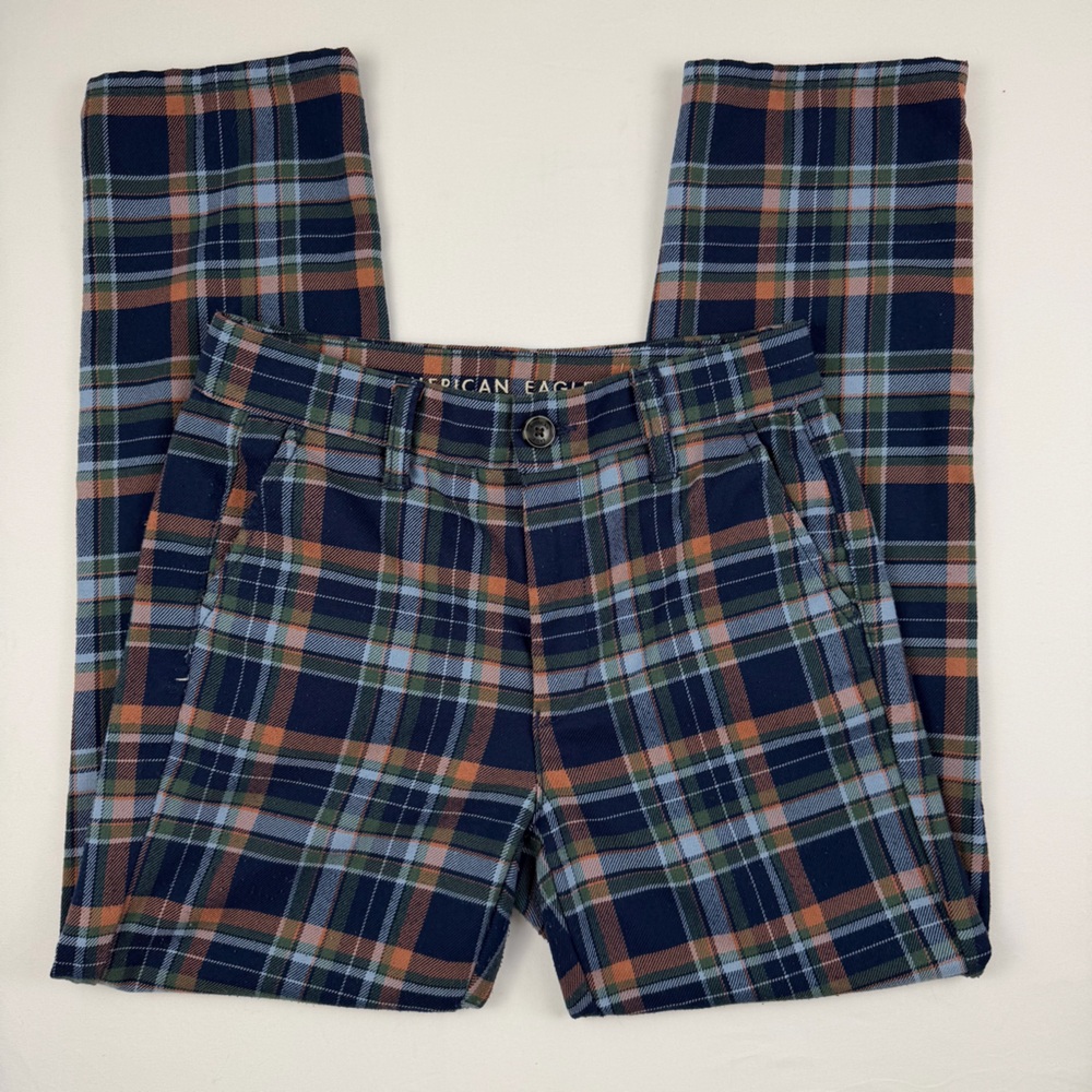 American Eagle Plaid Super Hi-Rise Skinny Trouser Sz 2 Blue Green Orange Stretch